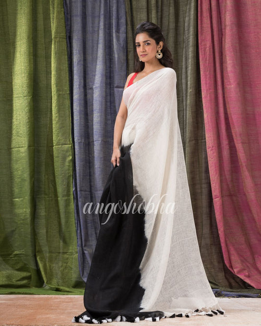 White Black Traditional Handloom Linen Saree angoshobha