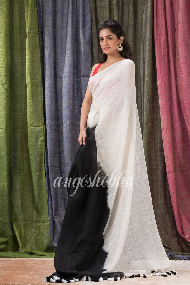 White Black Traditional Handloom Linen Saree