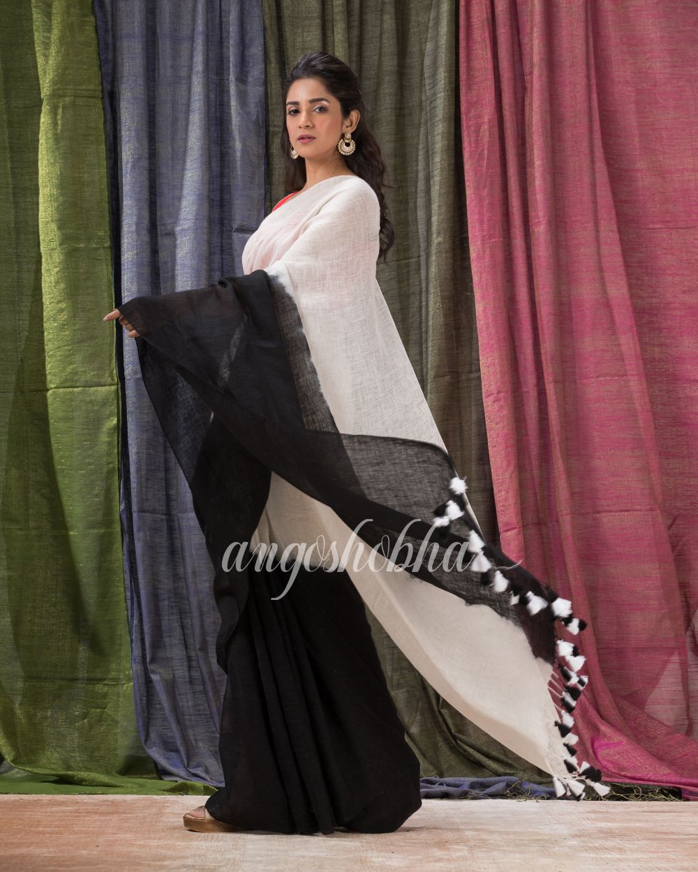 White Black Traditional Handloom Linen Saree angoshobha