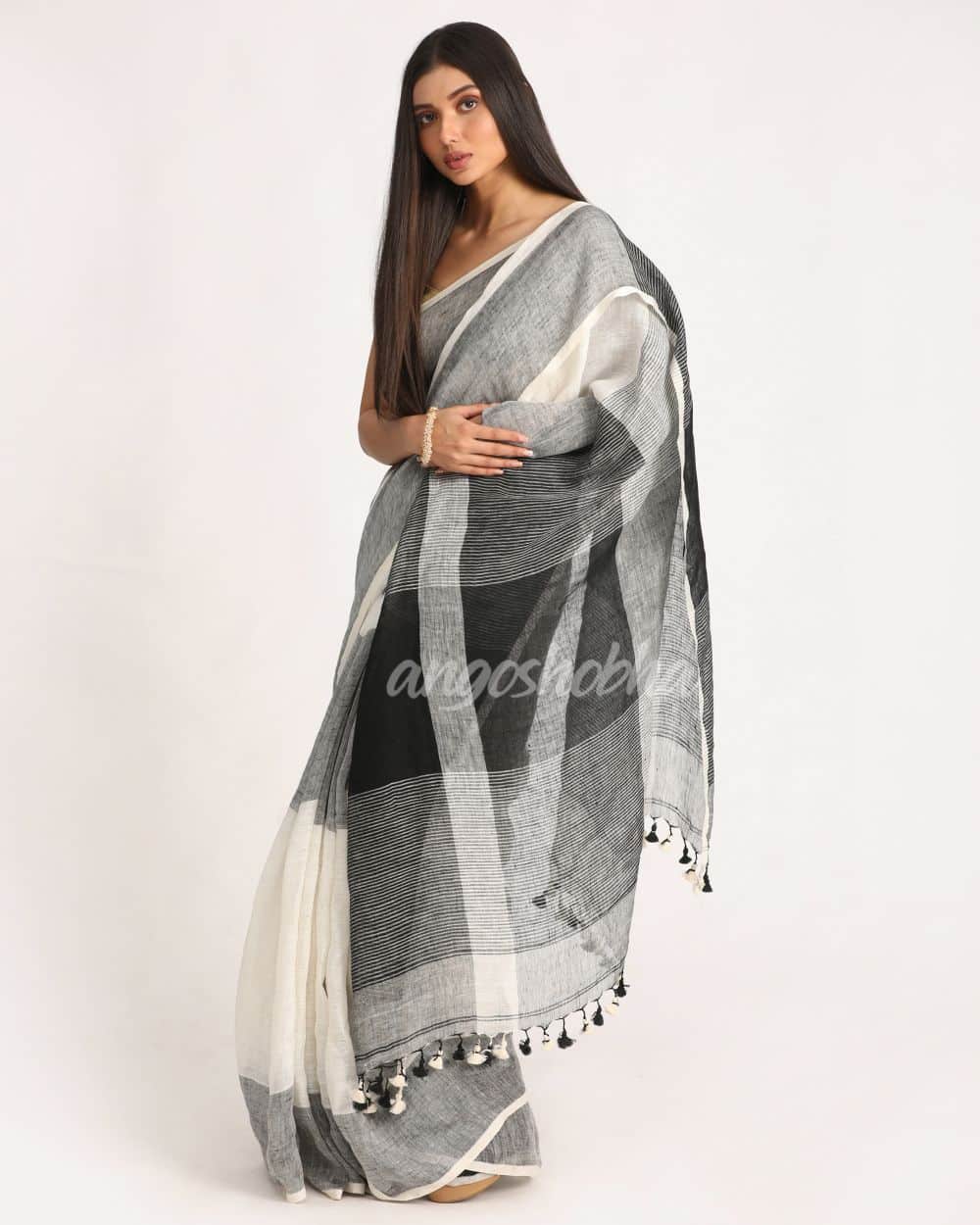 White Black Traditional Handloom Linen Saree angoshobha