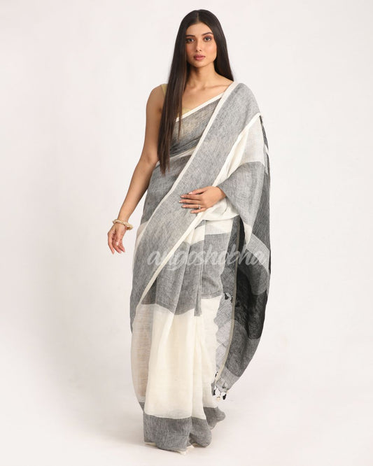 White Black Traditional Handloom Linen Saree angoshobha