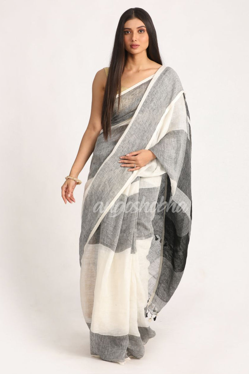 White Black Traditional Handloom Linen Saree