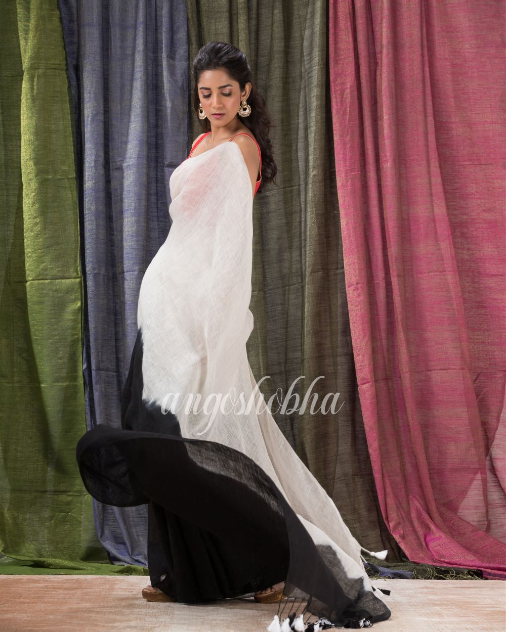 White Black Traditional Handloom Linen Saree angoshobha