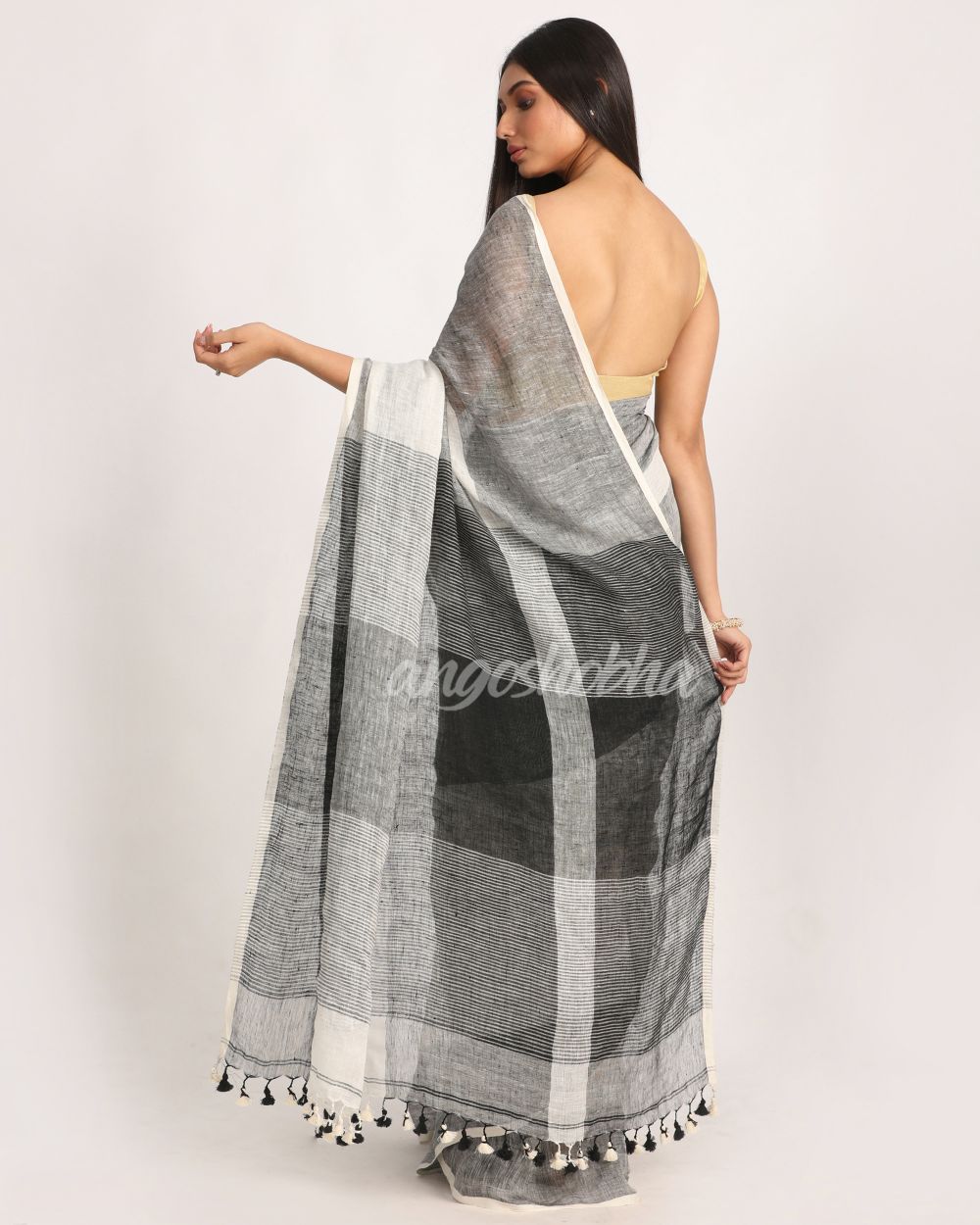 White Black Traditional Handloom Linen Saree angoshobha