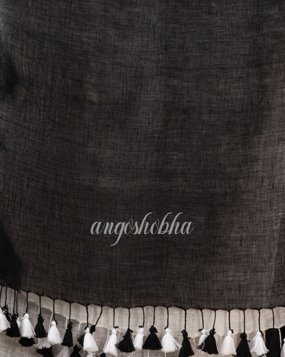 White Black Traditional Handloom Linen Saree angoshobha
