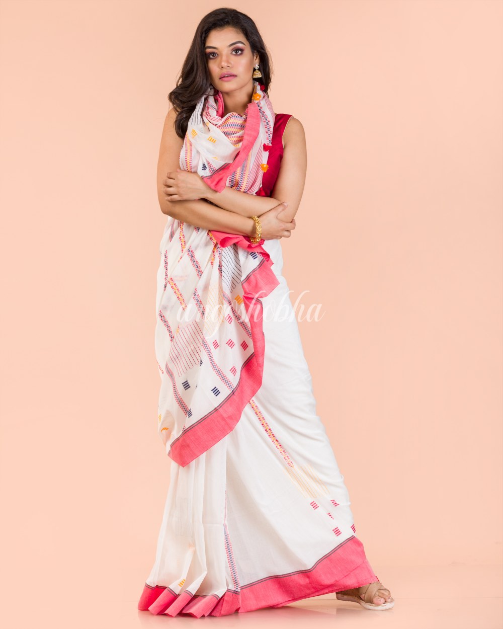 White Cotton Jamdani Saree angoshobha