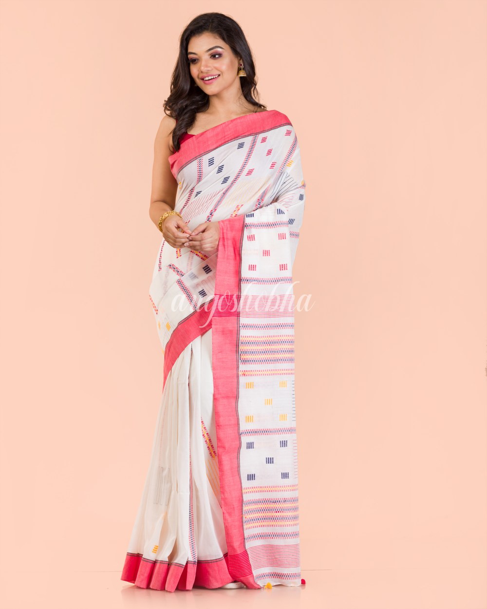 White Cotton Jamdani Saree angoshobha