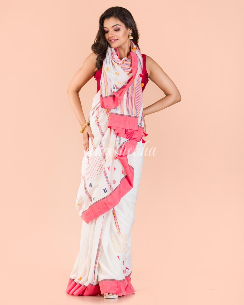 White Cotton Jamdani Saree angoshobha