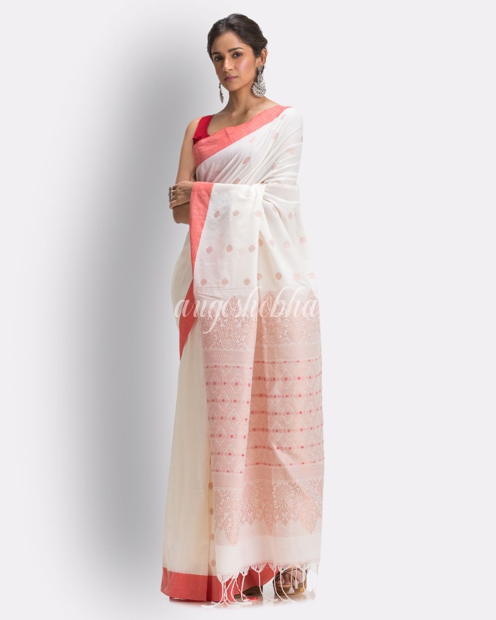 White Handloom Cotton Saree angoshobha