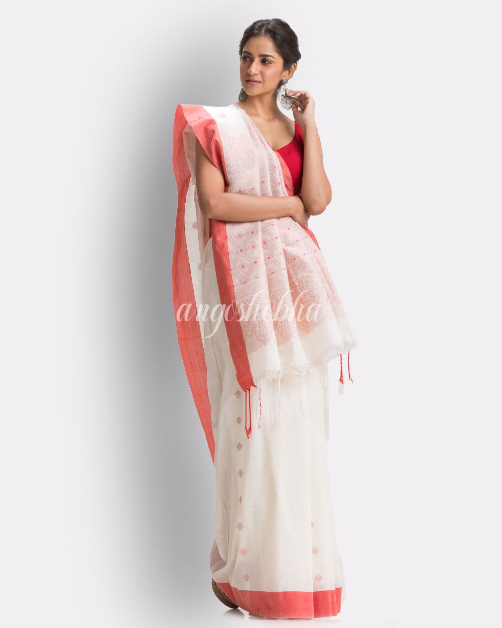 White Handloom Cotton Saree angoshobha