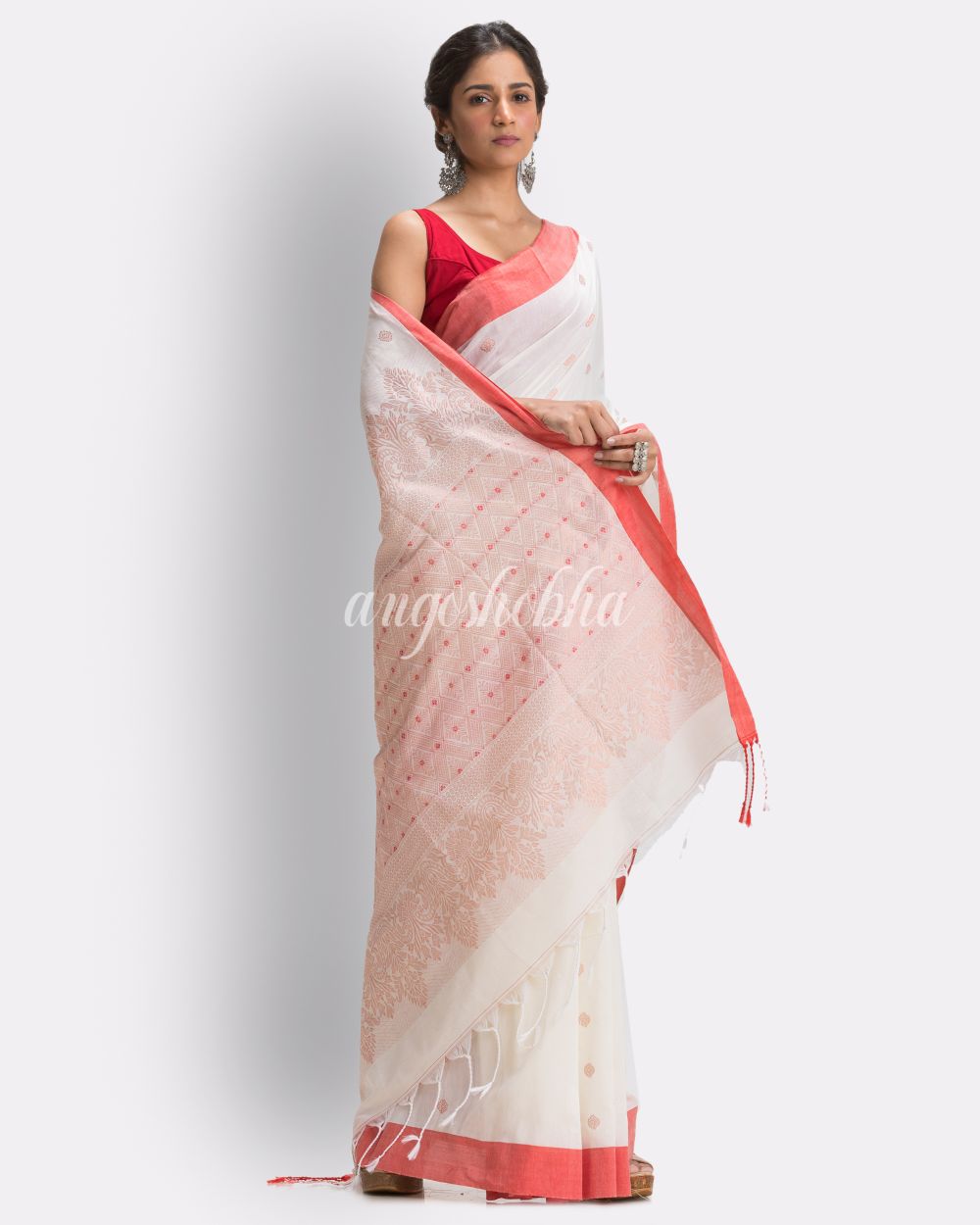 White Handloom Cotton Saree angoshobha