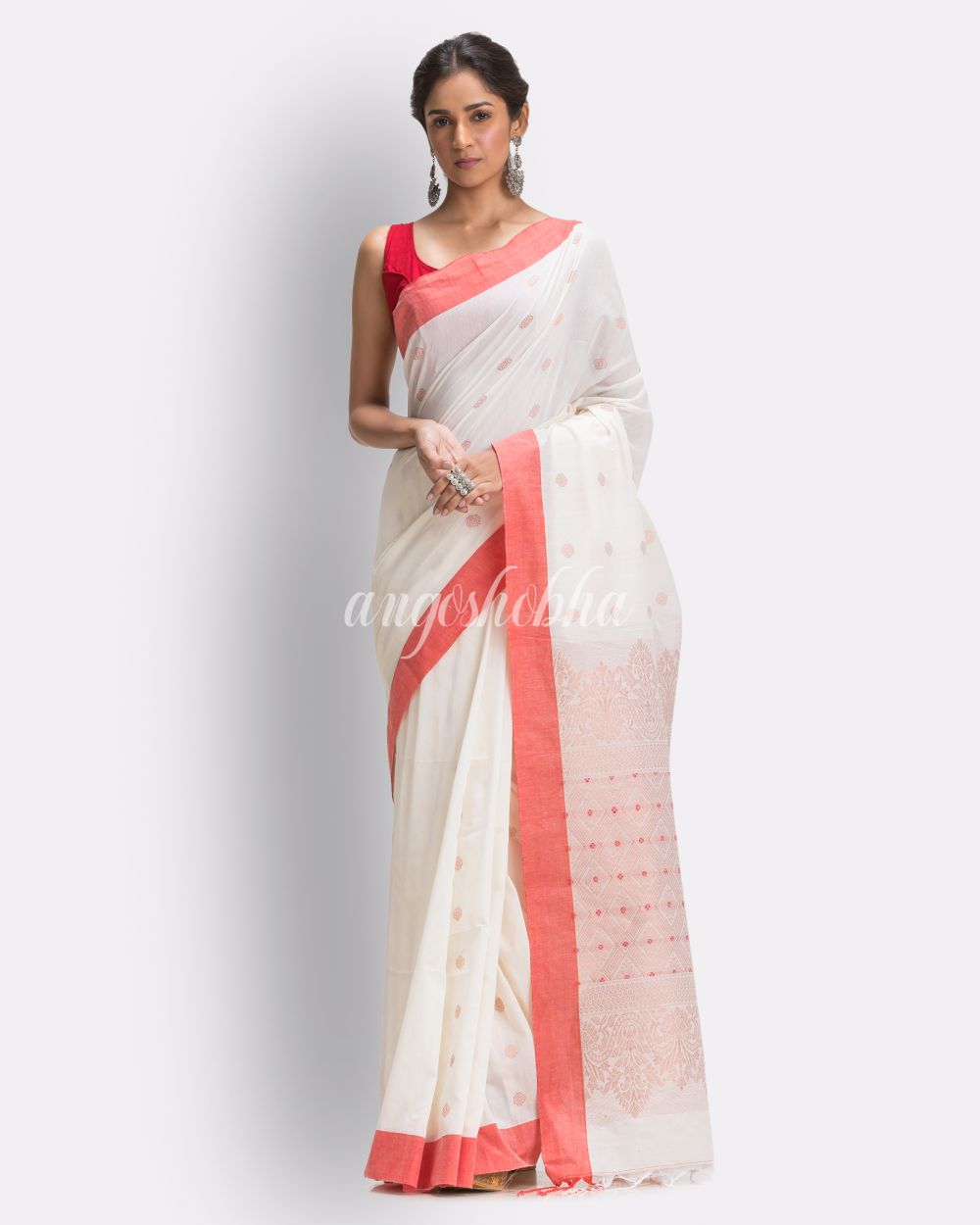 White Handloom Cotton Saree angoshobha