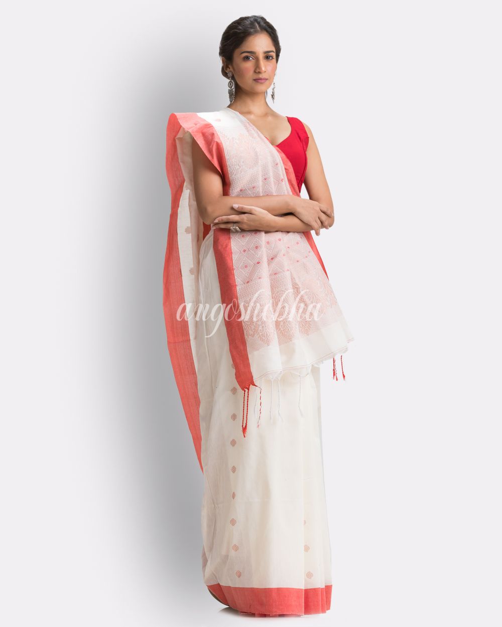 White Handloom Cotton Saree angoshobha