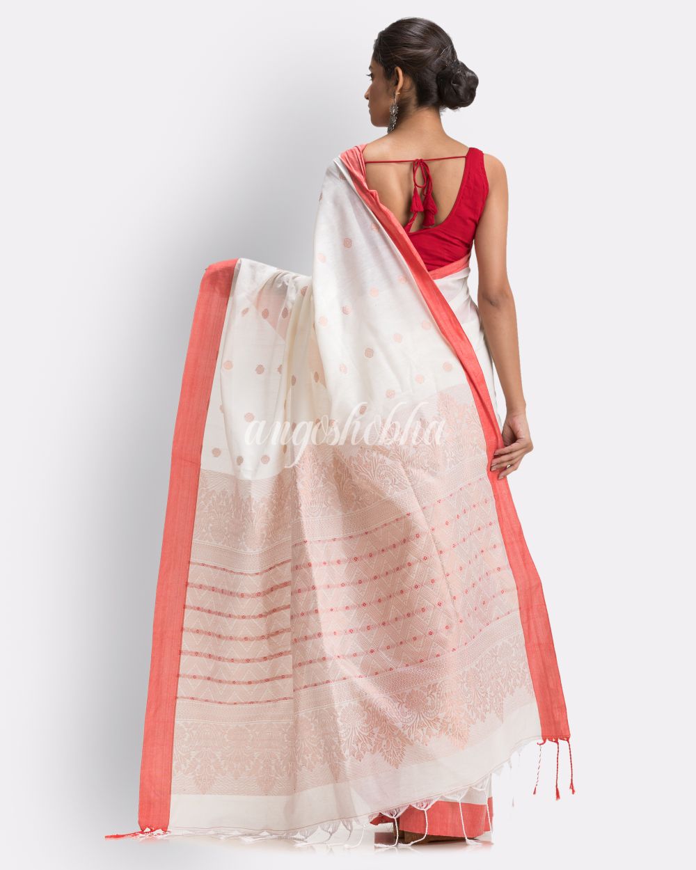 White Handloom Cotton Saree angoshobha