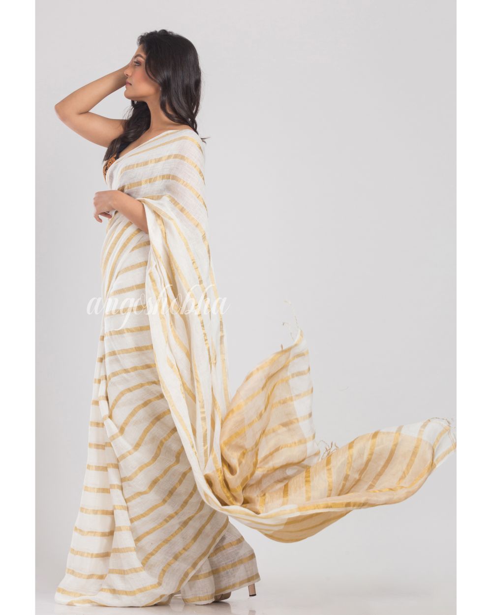 White Handloom Linen Saree angoshobha