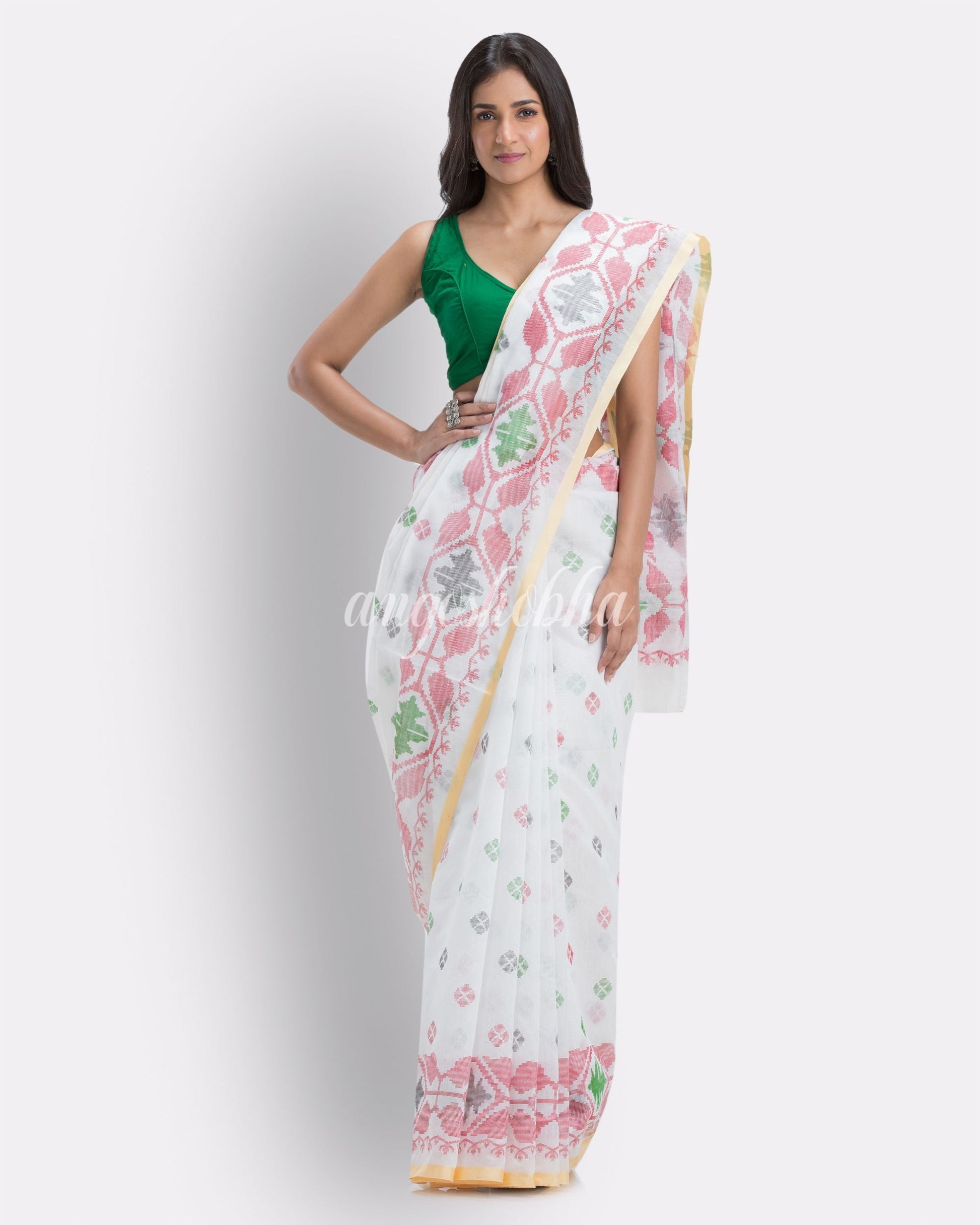 White Handloom Printed Cotton Blend Saree