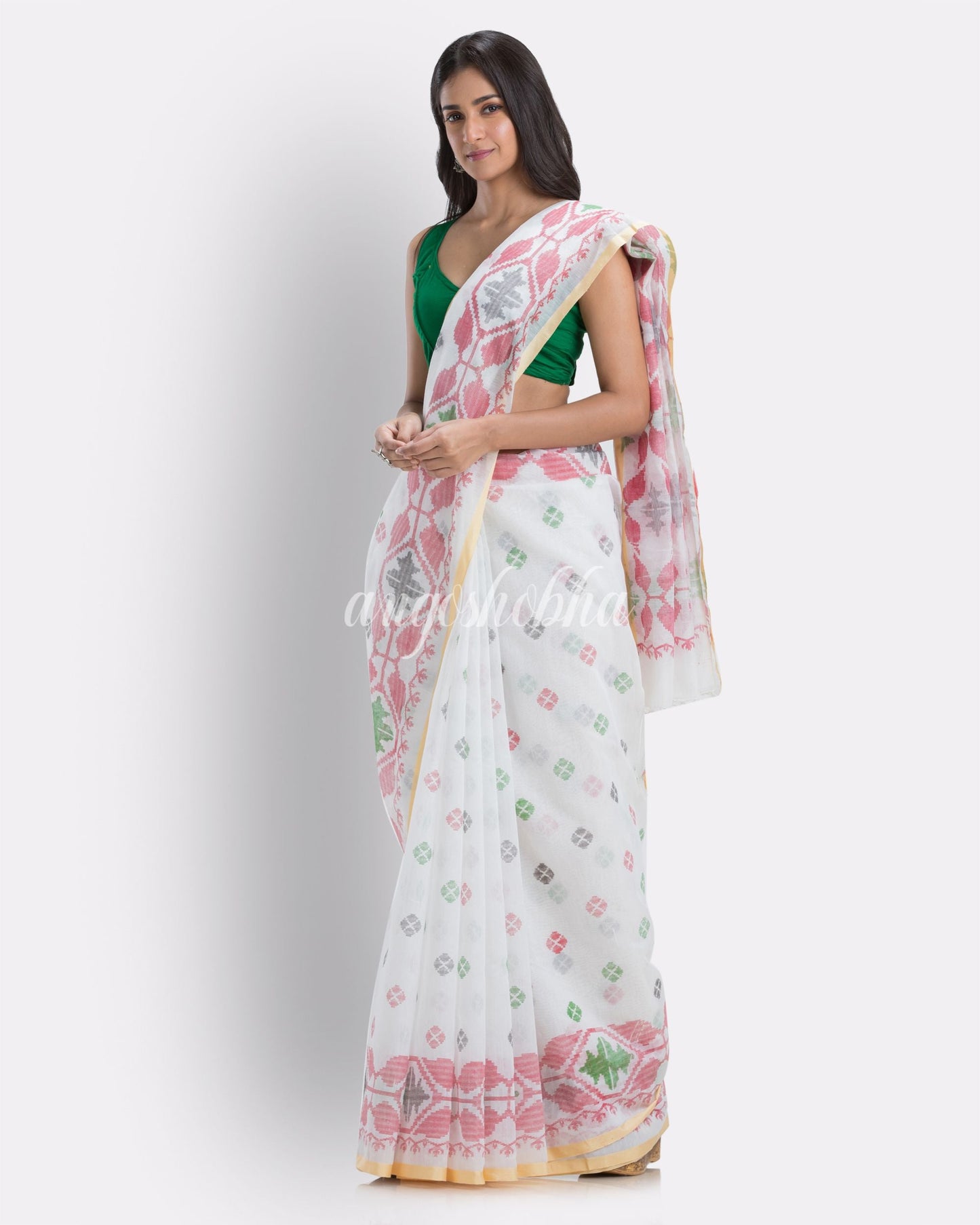 White Handloom Printed Cotton Blend Saree angoshobha