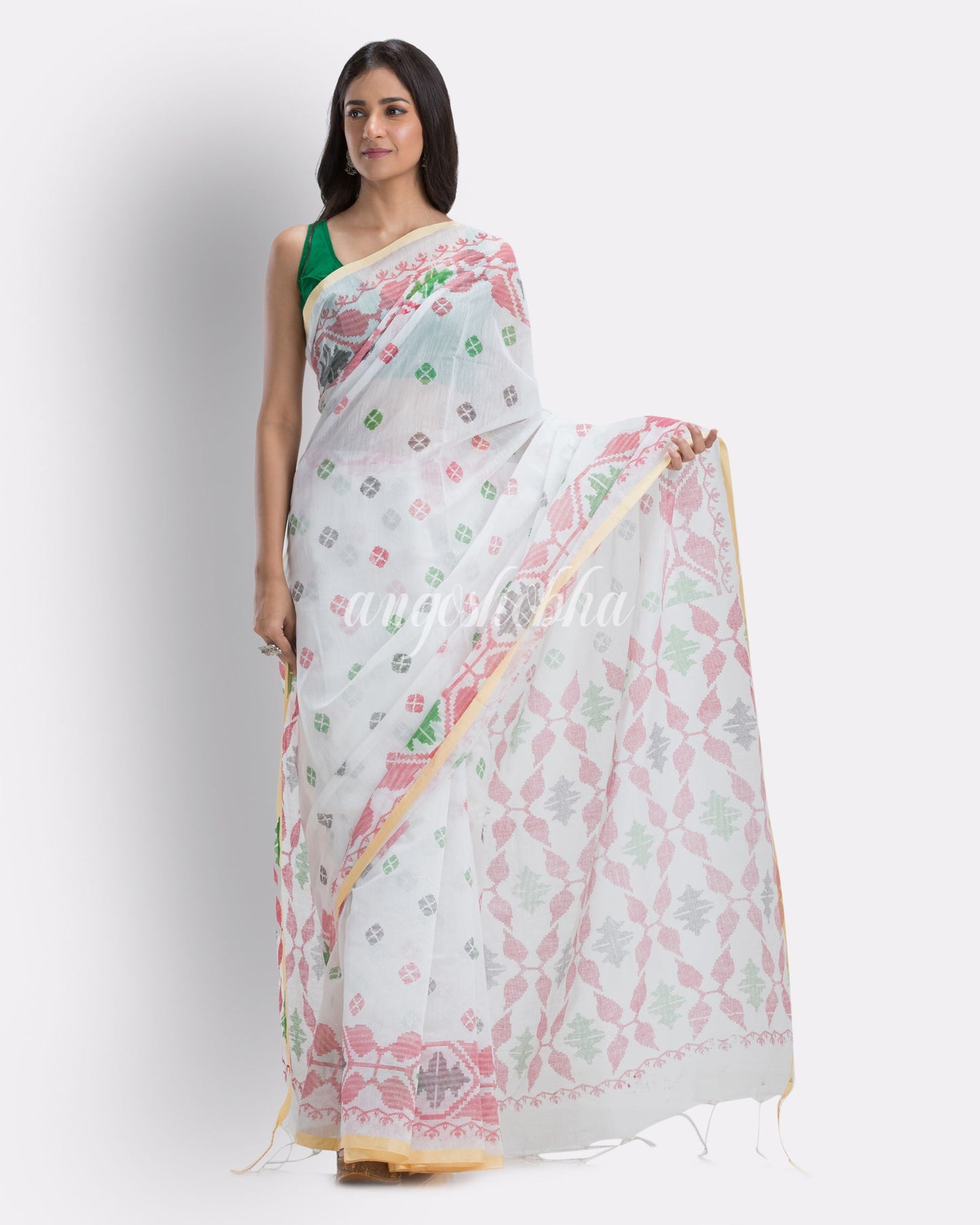 White Handloom Printed Cotton Blend Saree angoshobha