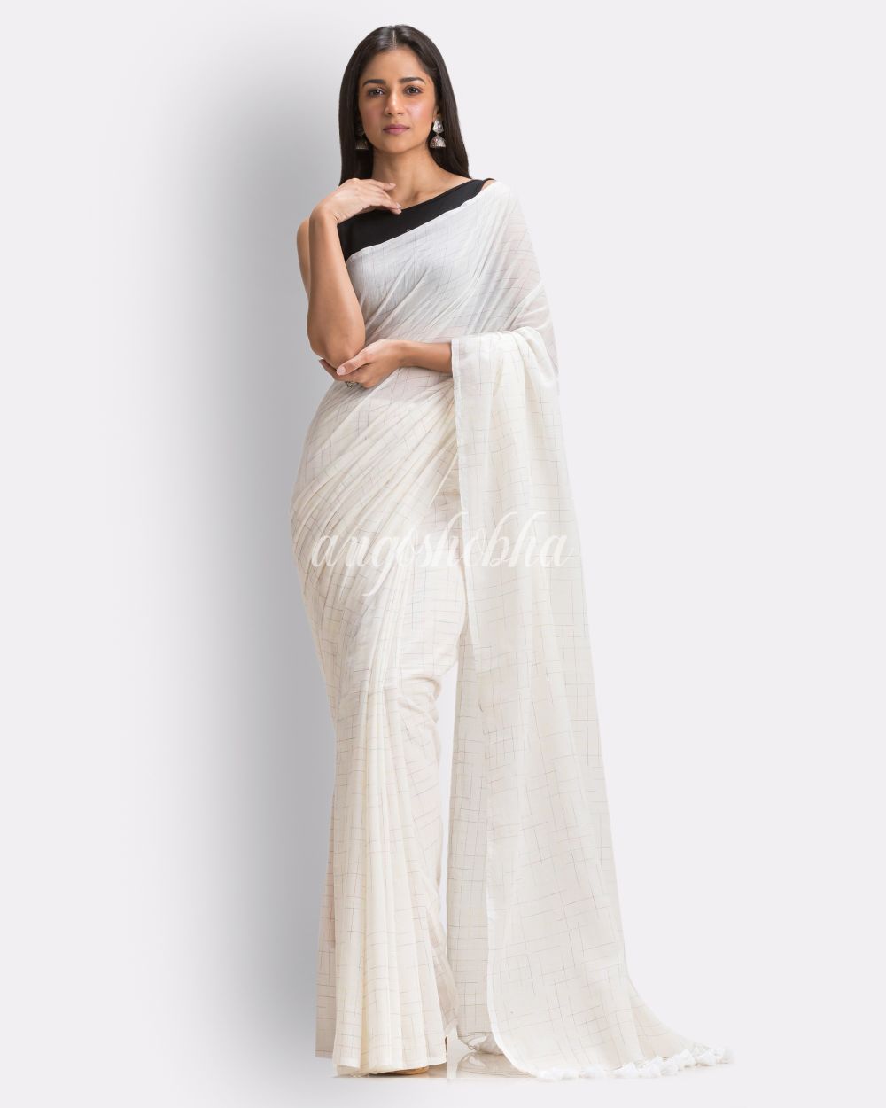 White Handloom Traditional Molmol Cotton saree angoshobha