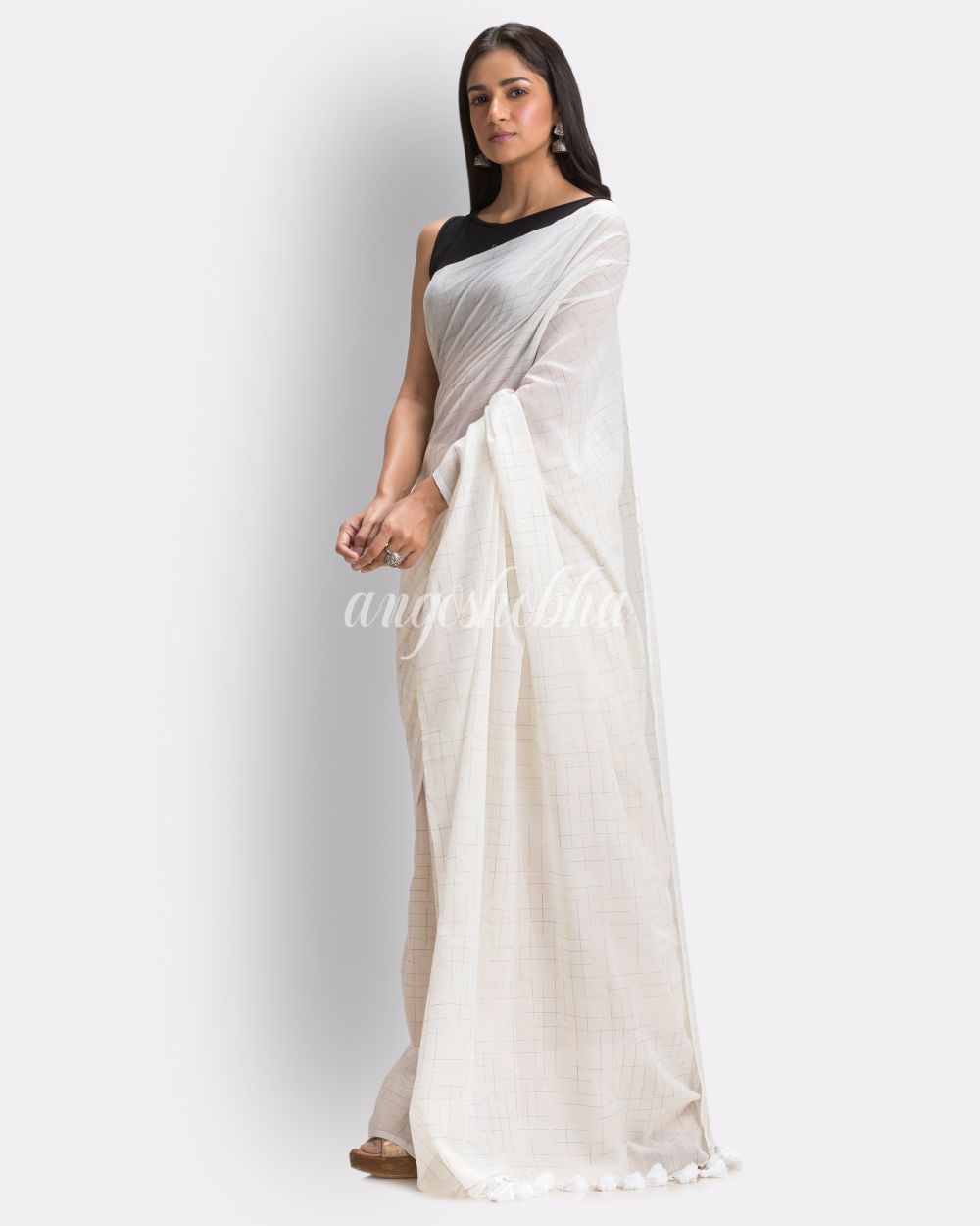 White Handloom Traditional Molmol Cotton saree angoshobha