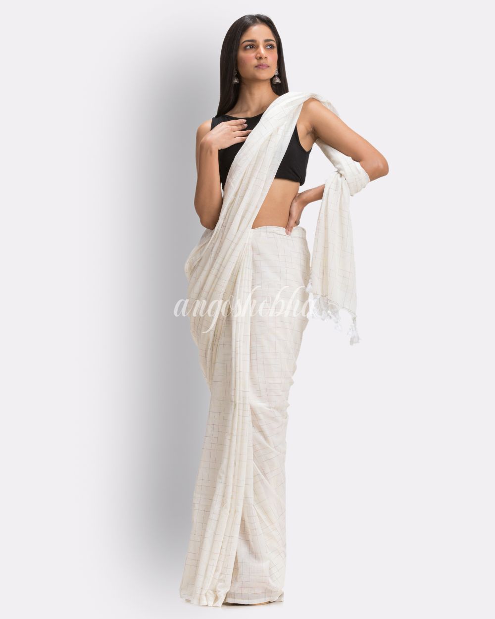 White Handloom Traditional Molmol Cotton saree angoshobha