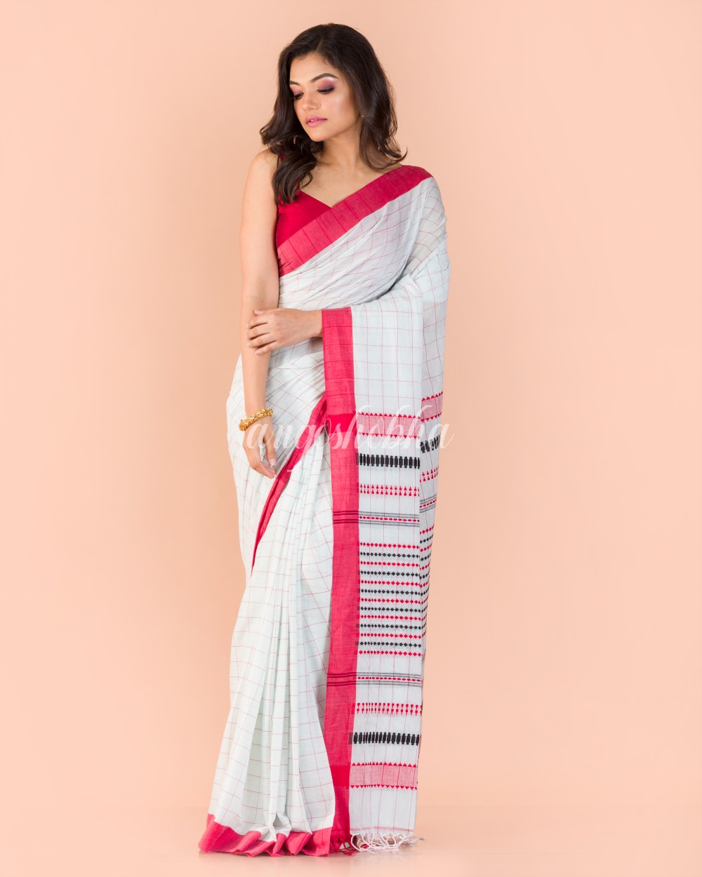 White Handwoven Cotton Saree angoshobha