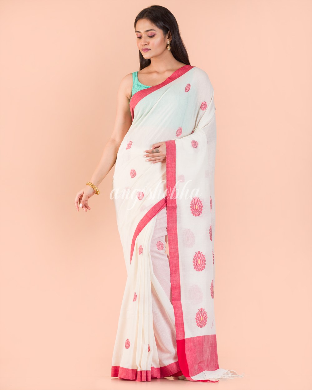 White Handwoven Cotton Saree angoshobha