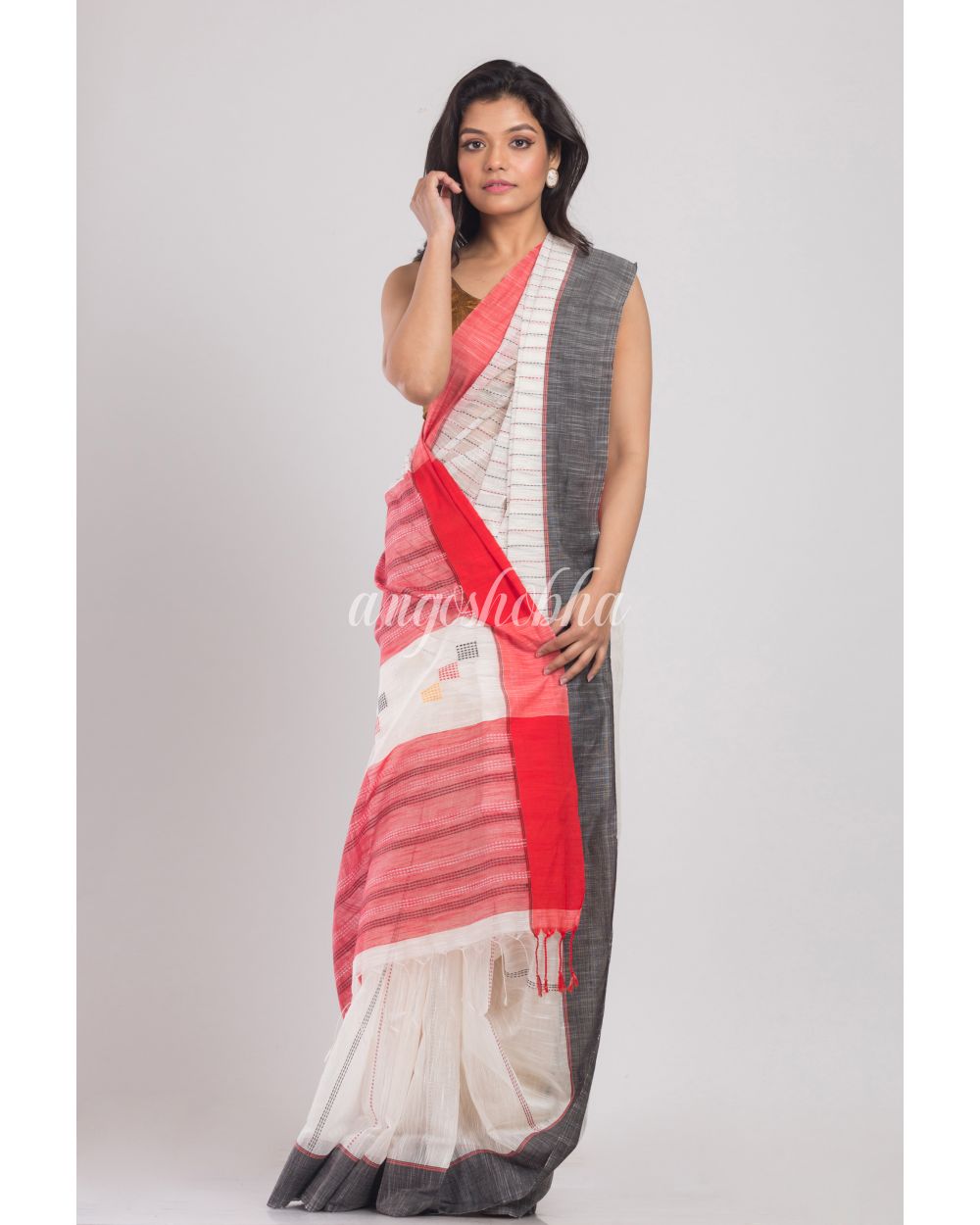 White Handwoven Cotton Silk Saree angoshobha