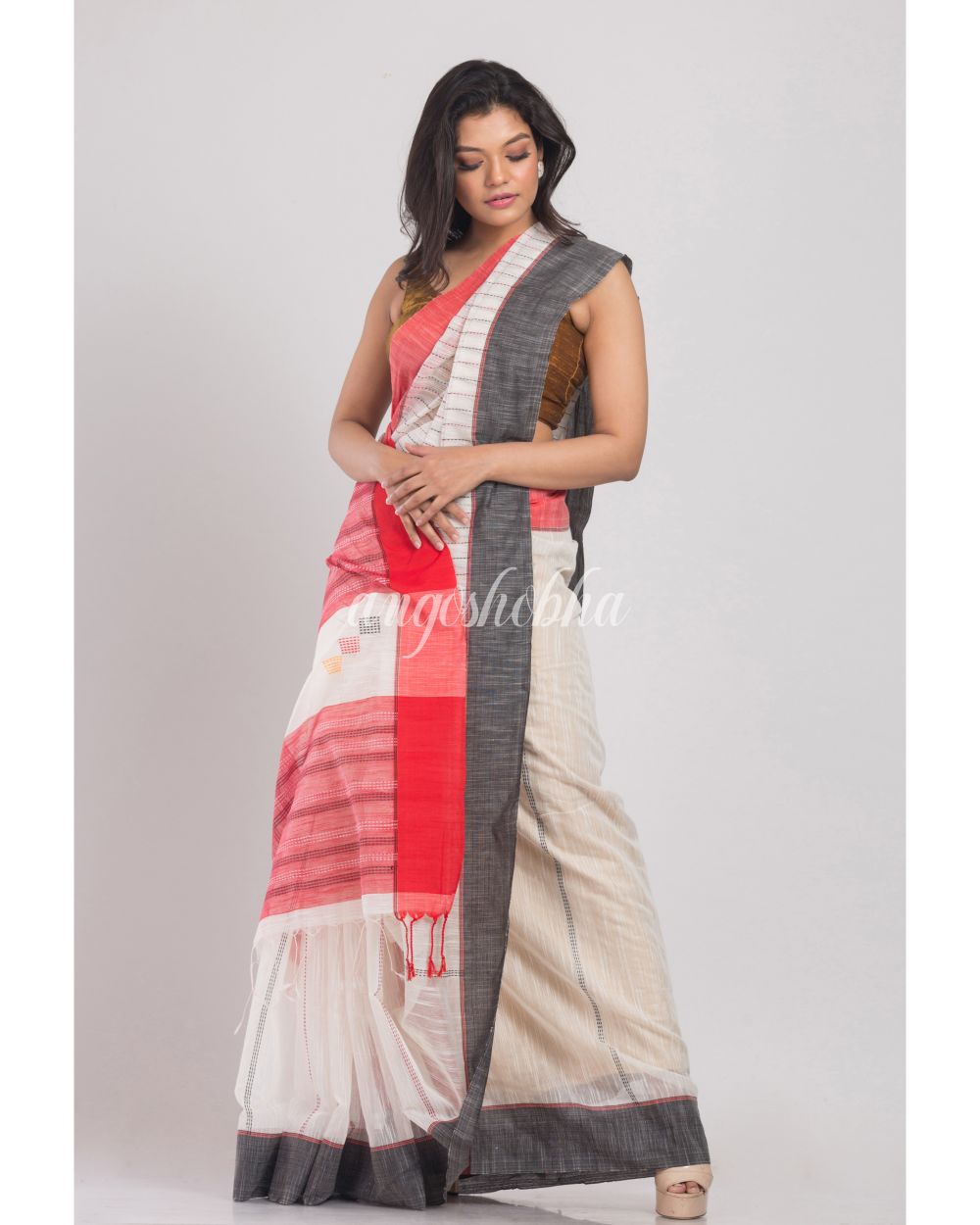White Handwoven Cotton Silk Saree angoshobha