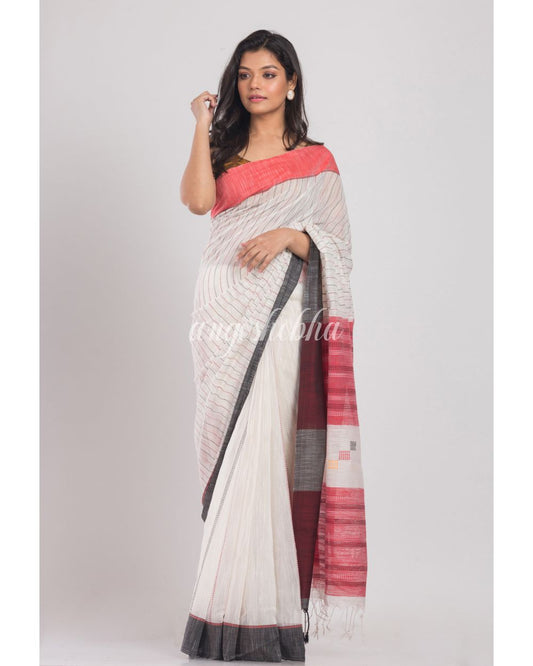 White Handwoven Cotton Silk Saree angoshobha