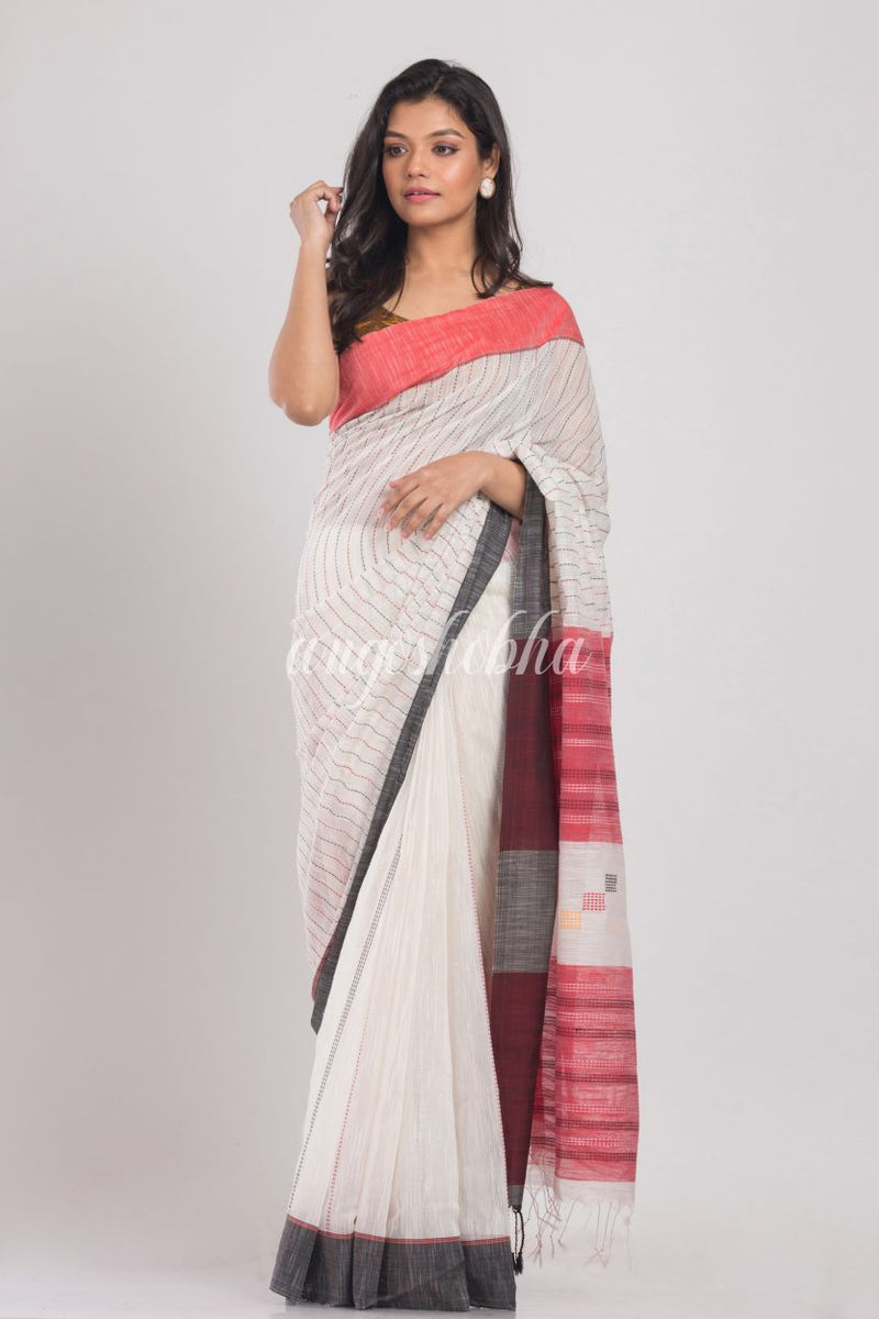 White Handwoven Cotton Silk Saree