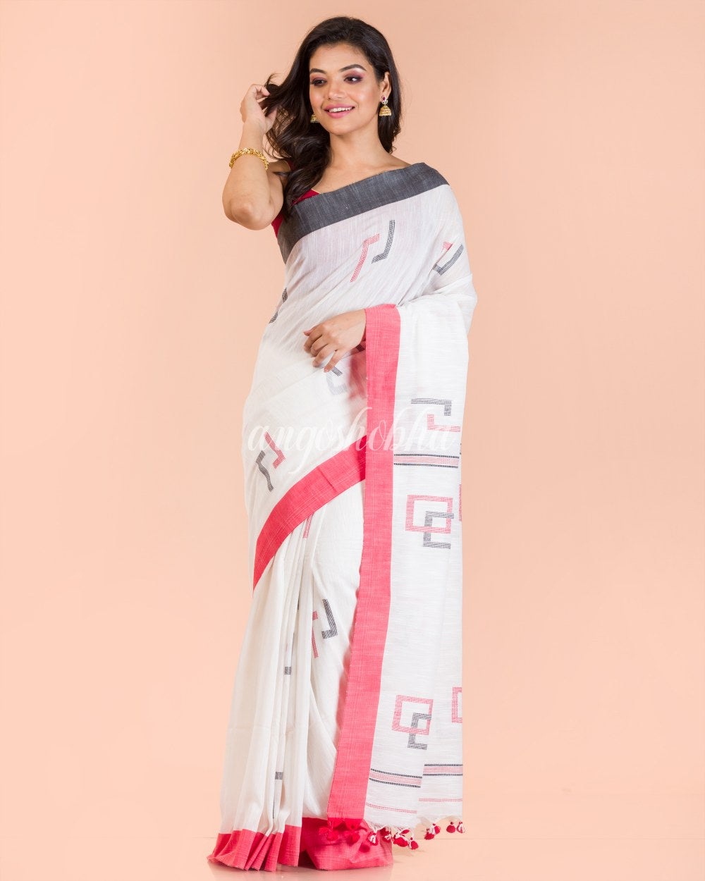 White Jamdani Cotton Saree angoshobha
