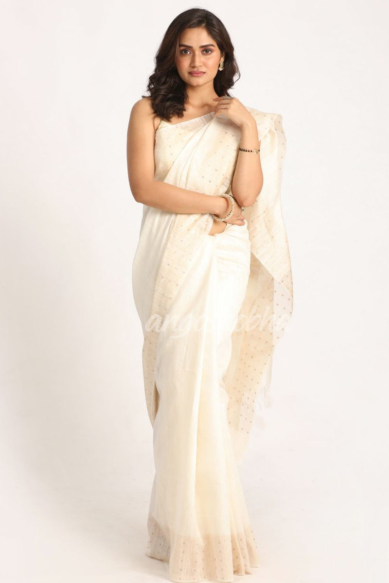 White Matka Silk Handloom Traditional  Sequin Jamdani Saree