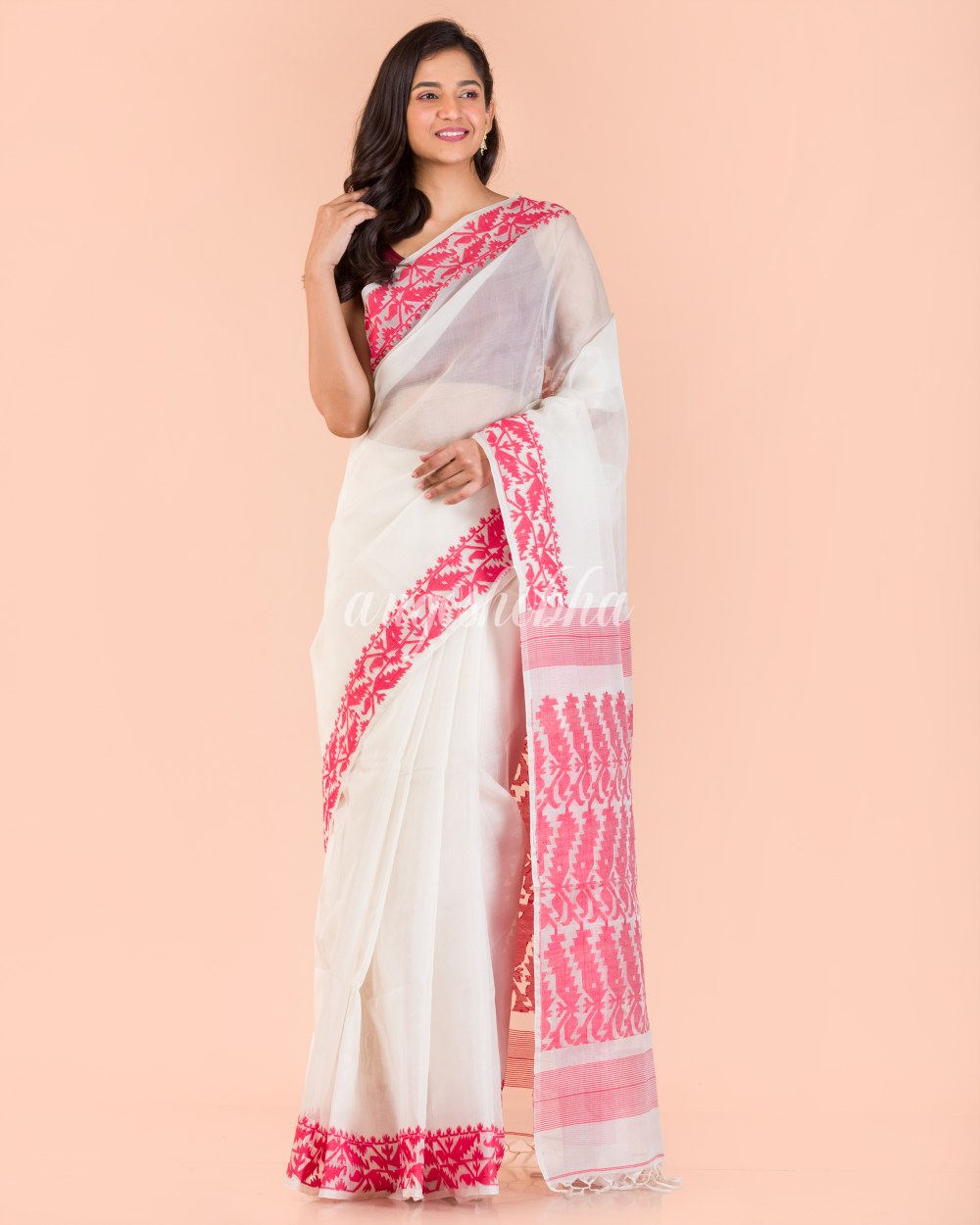 White Silk Dhakai Jamdani Saree angoshobha