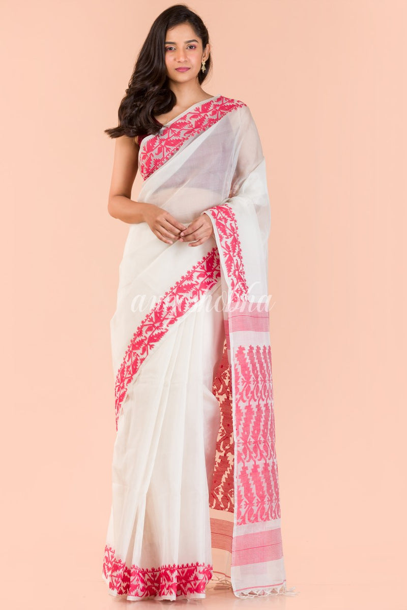 White Silk Dhakai Jamdani Saree
