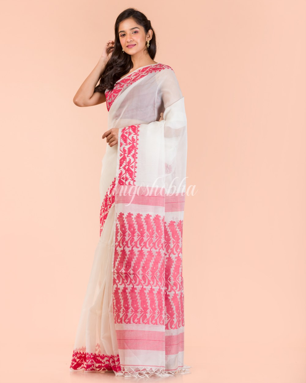White Silk Dhakai Jamdani Saree angoshobha