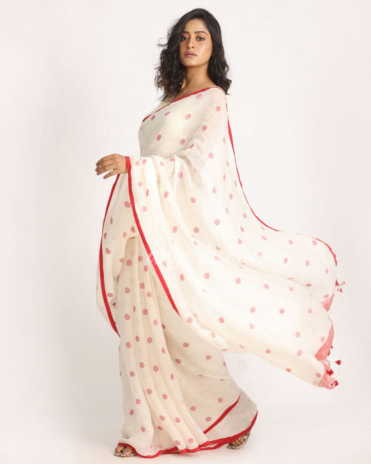 White Traditional Handloom Linen Jamdani Saree angoshobha