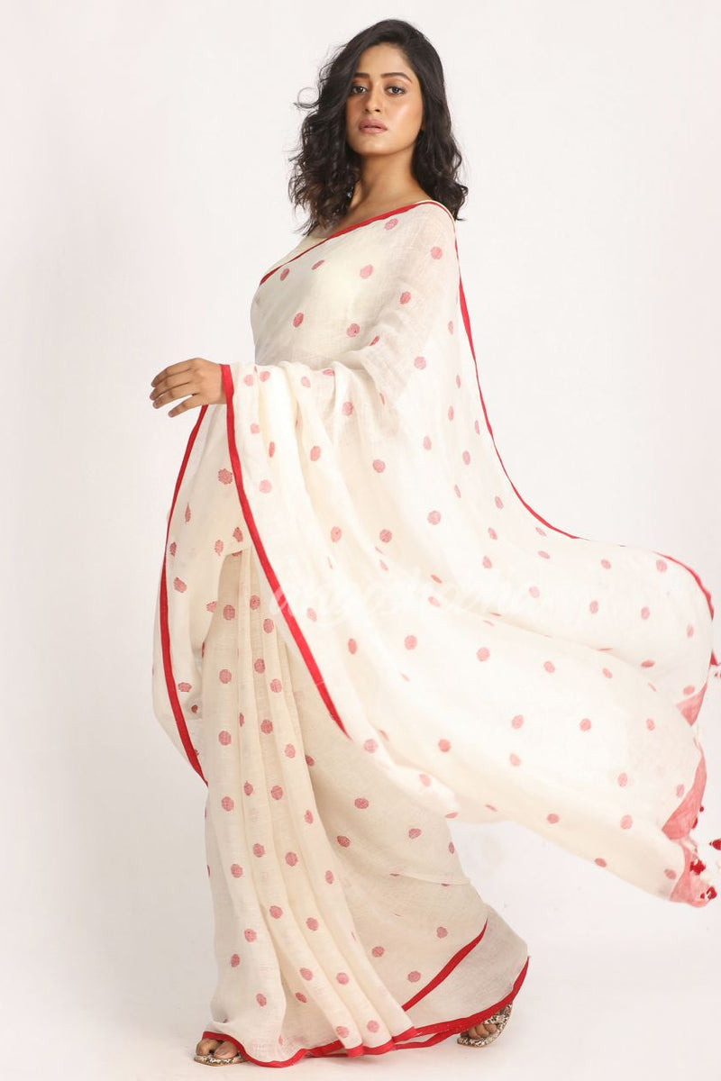 White Traditional Handloom Linen Jamdani Saree