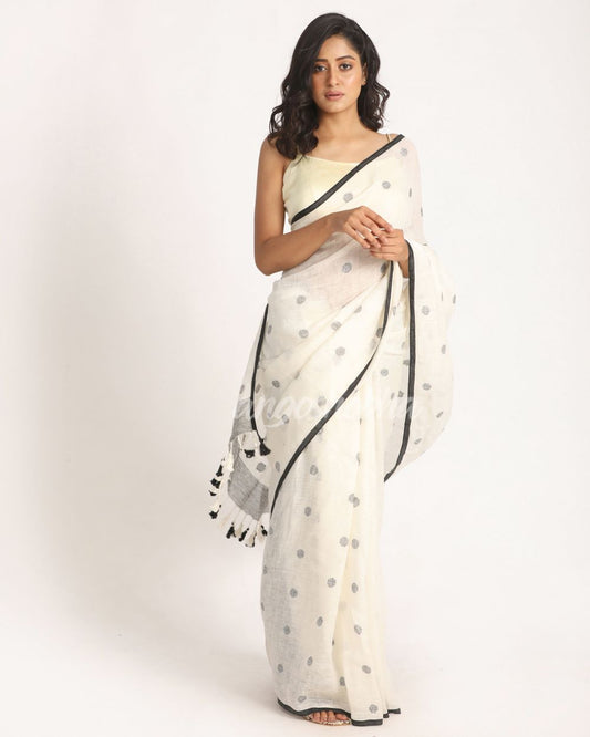 White Traditional Handloom Linen Jamdani Saree angoshobha