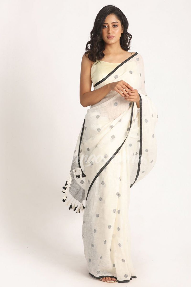 White Traditional Handloom Linen Jamdani Saree