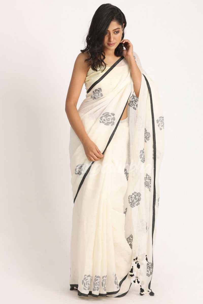 White Traditional Handloom Linen Jamdani Saree