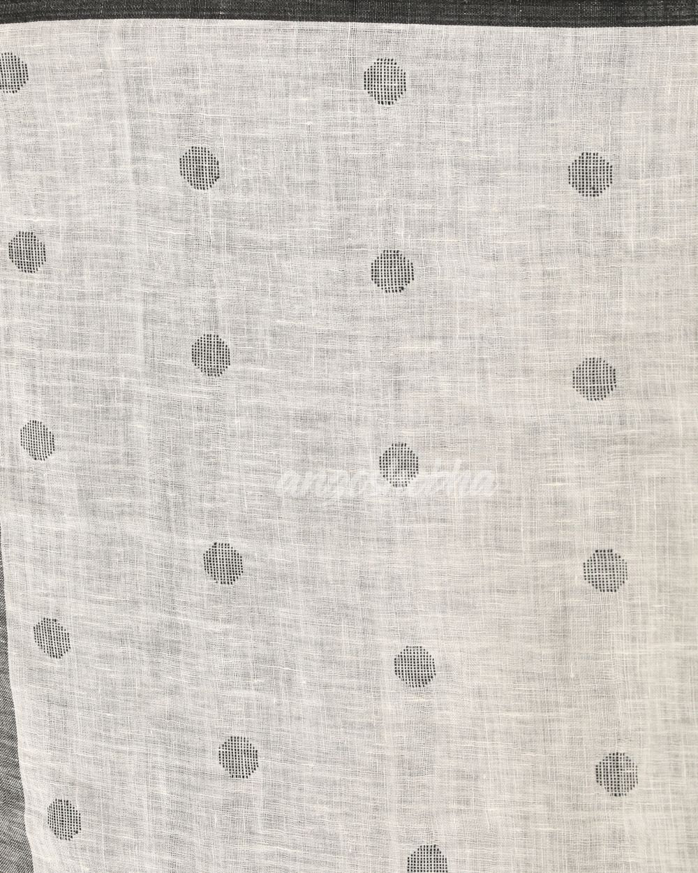 White Traditional Handloom Linen Jamdani Saree angoshobha