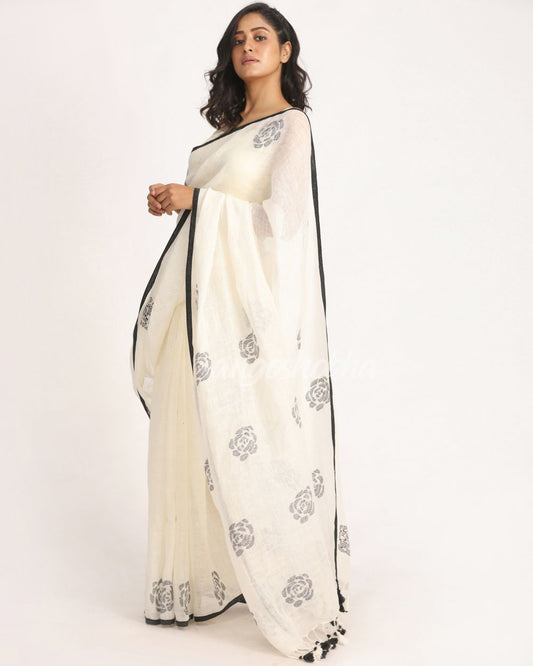 White Traditional Handloom Linen Jamdani Saree angoshobha