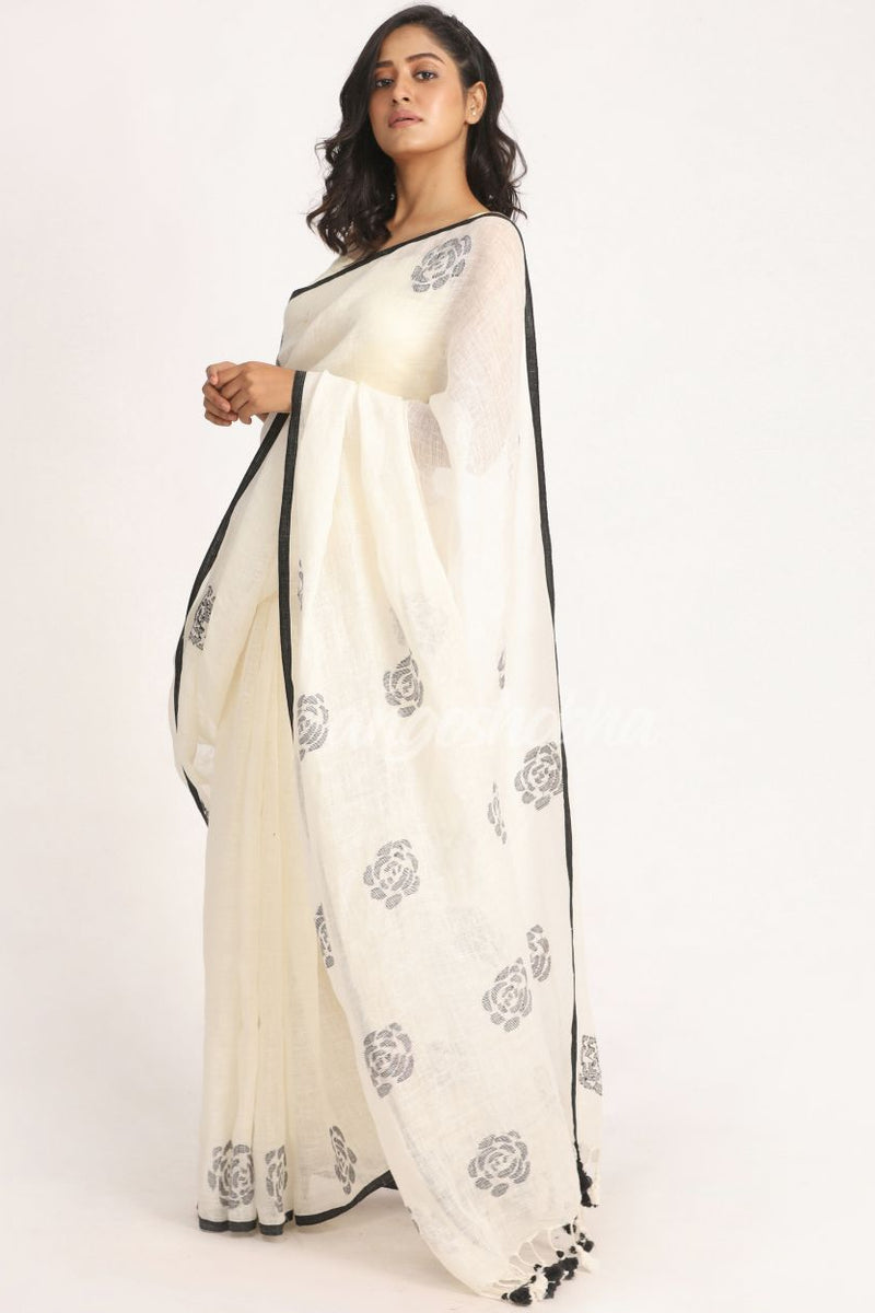 White Traditional Handloom Linen Jamdani Saree