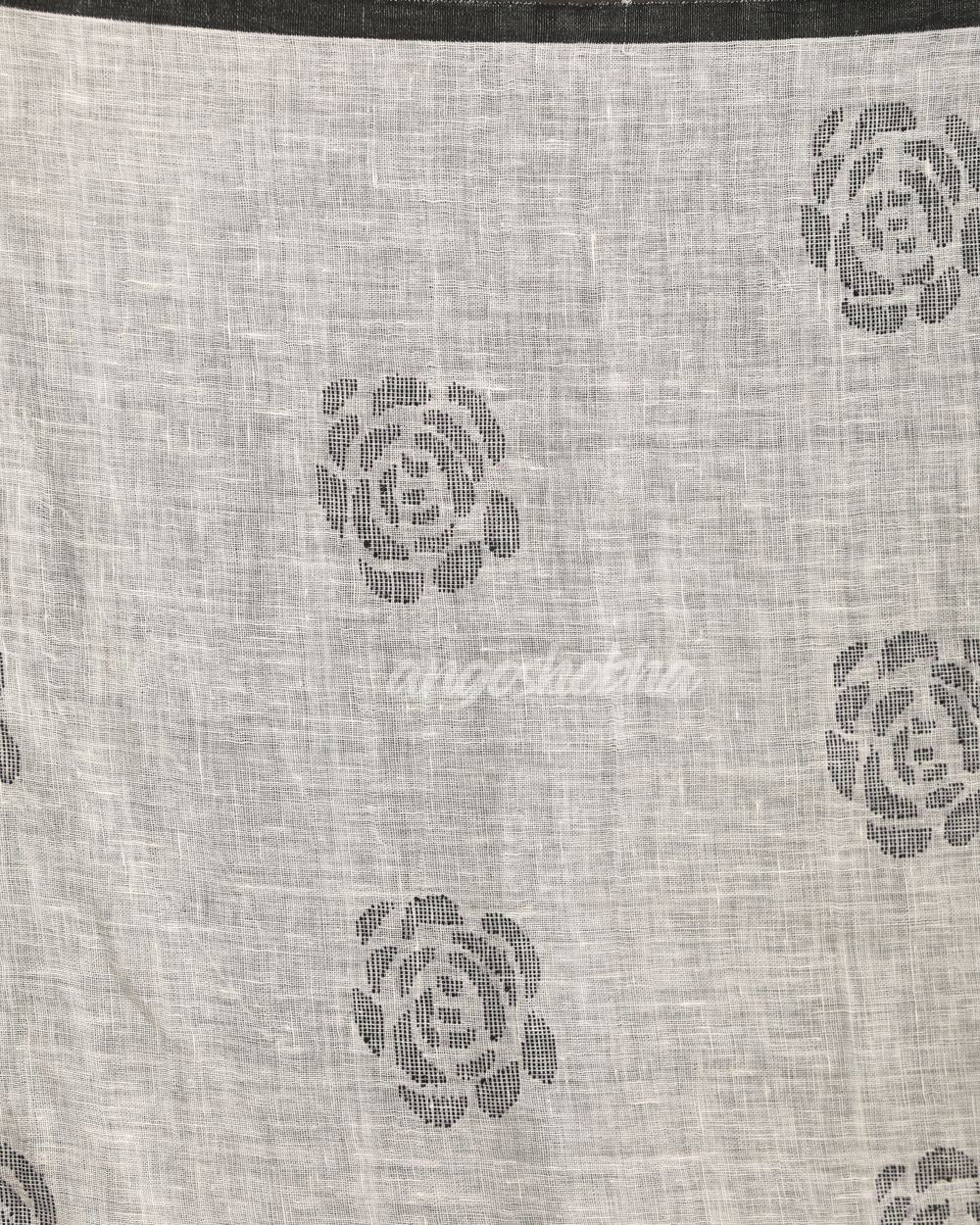 White Traditional Handloom Linen Jamdani Saree angoshobha