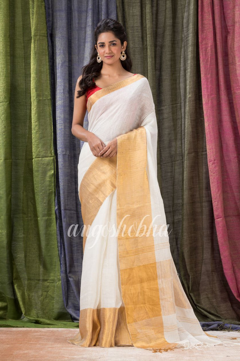 White Traditional Handloom Linen Saree
