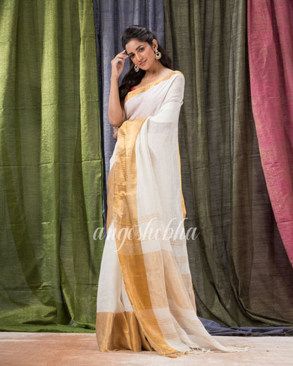 White Traditional Handloom Linen Saree angoshobha