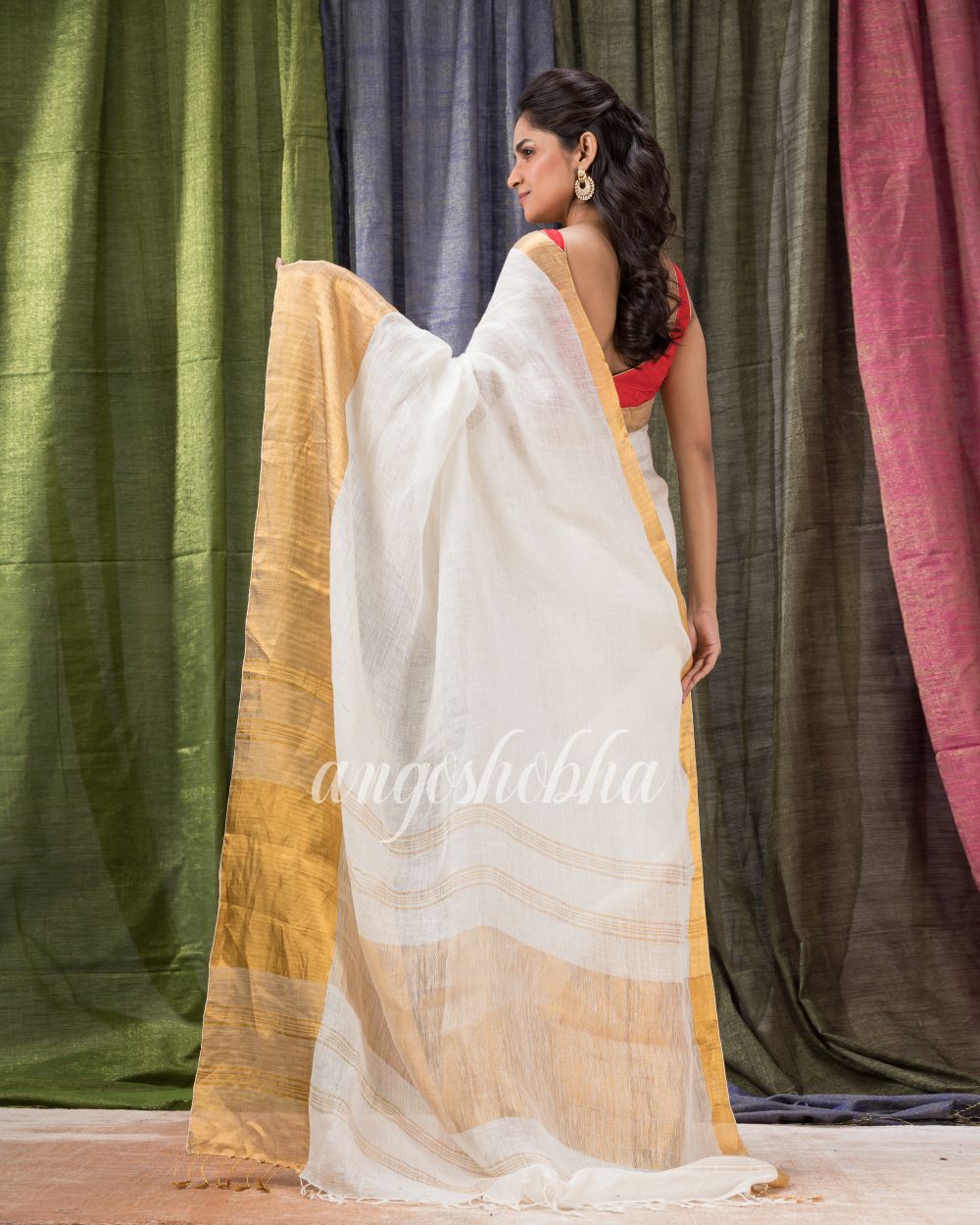 White Traditional Handloom Linen Saree angoshobha