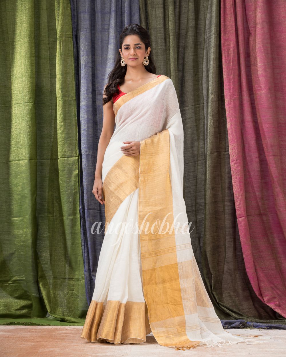 White Traditional Handloom Linen Saree angoshobha