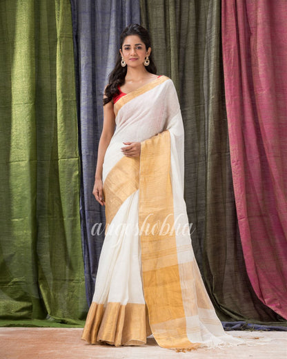 White Traditional Handloom Linen Saree angoshobha